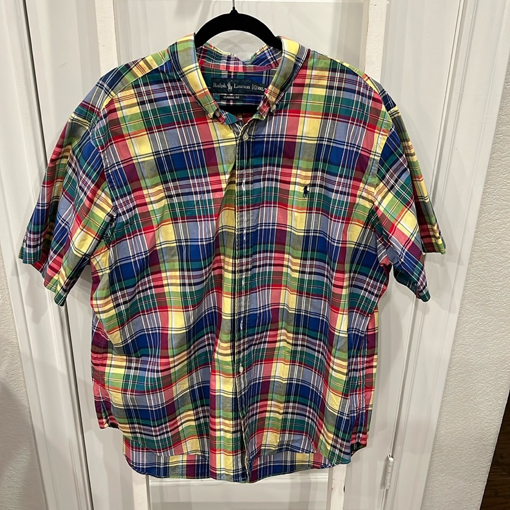 Square-Patterned Yellow/Blue Short Sleeved XXL Button Up Shirt by Ralph Lauren